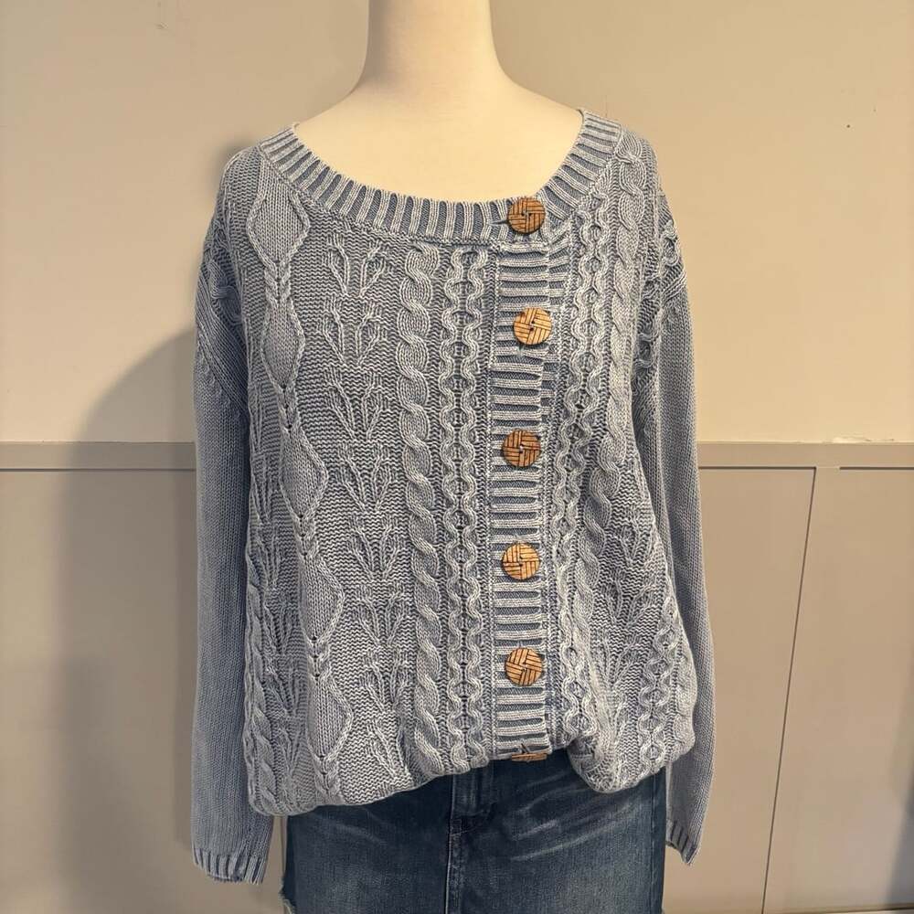 Norm Thompson Cable Knit Button Front Cardigan Sweater Blue XL